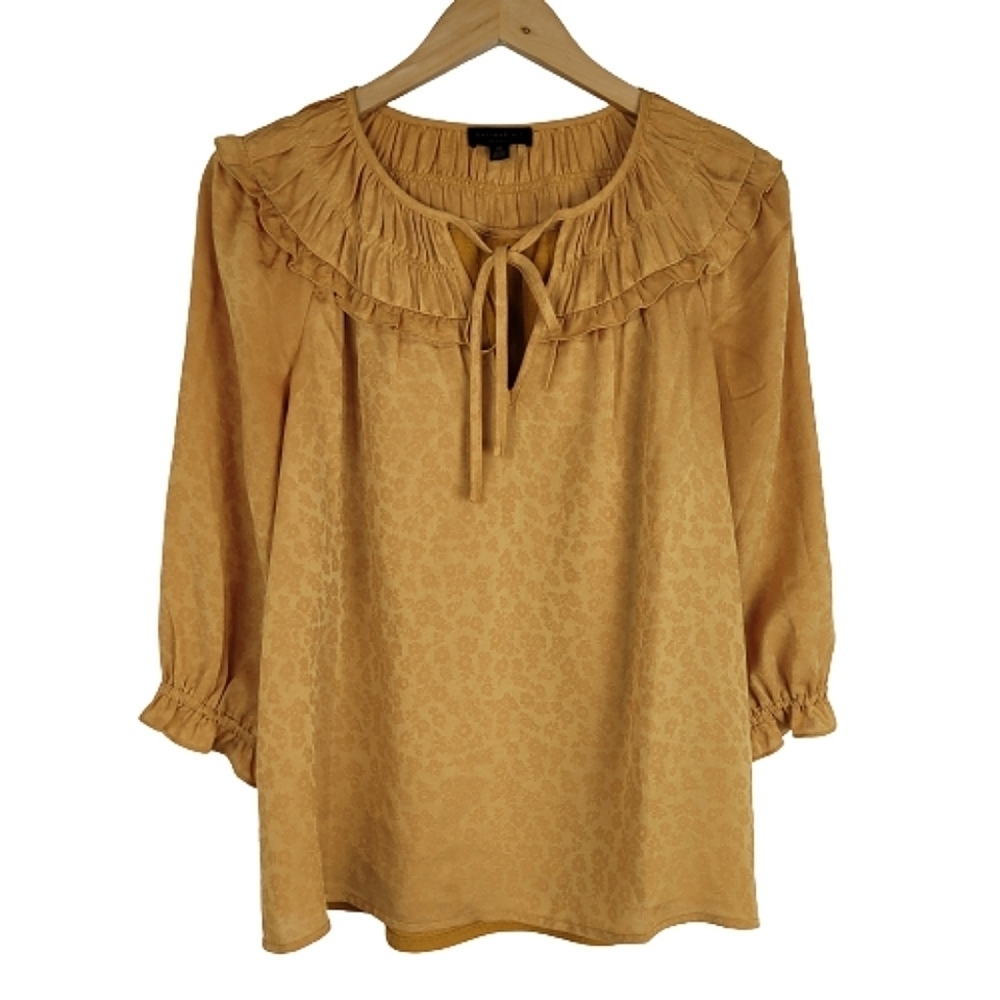 Current air Los Angeles mustard ruffled chiffon floral peasant top